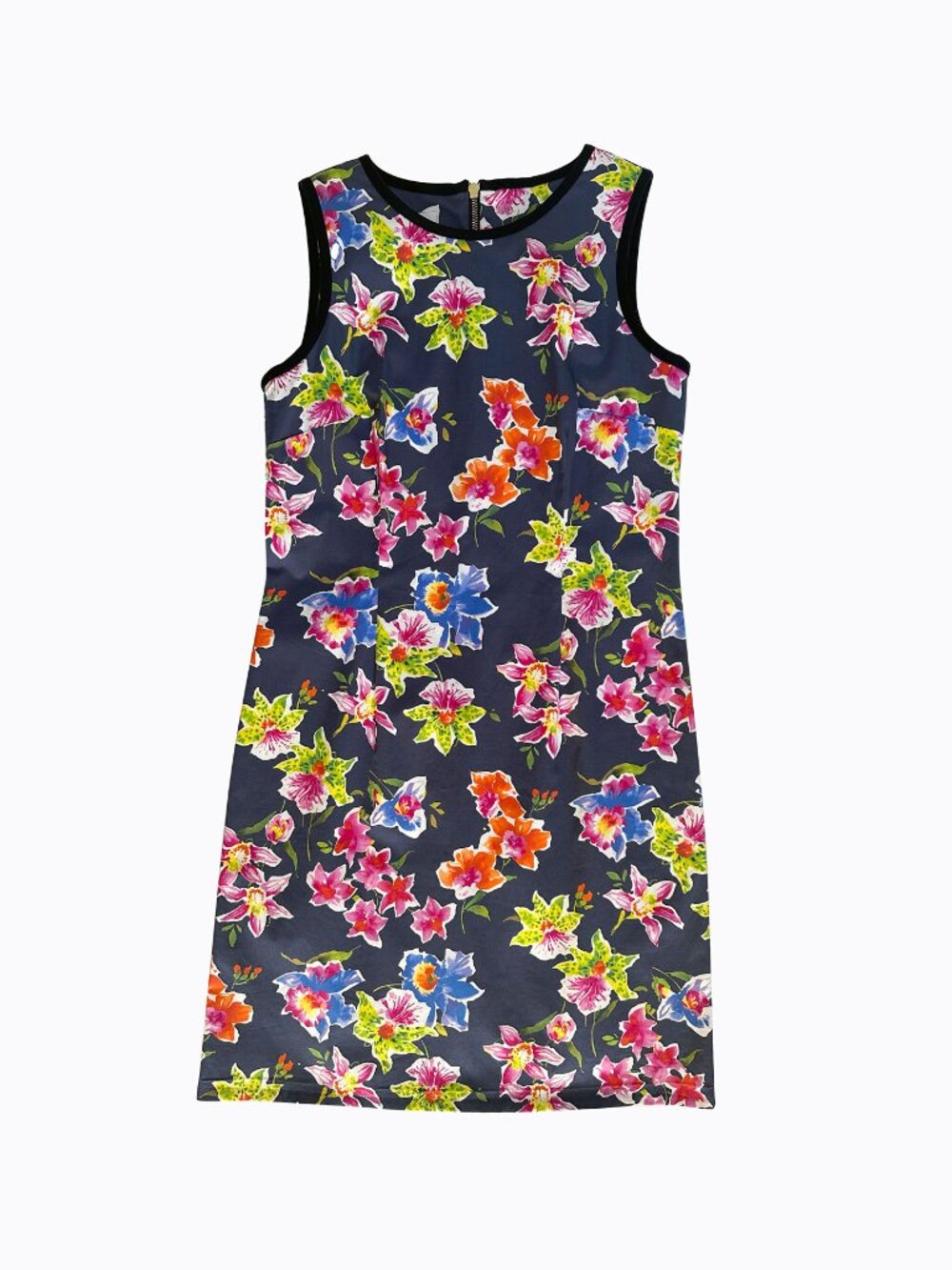 Sara Campbell Bold Floral Shift Dress 8 Navy Blue Pink Pique Cotton USA Preppy